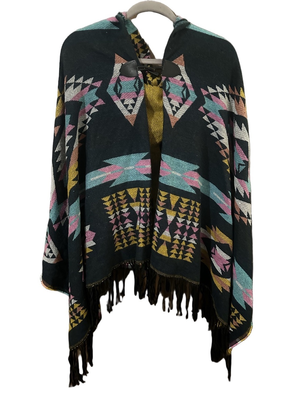 Aztec Print Fringe Poncho Navy with Teal, Pink & Mustard Pattern One Size